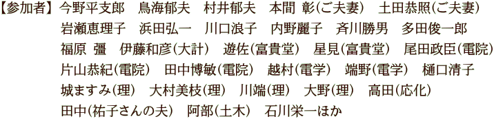 【参加者】 今野平支郎　鳥海郁夫　村井郁夫　本間 彰（ご夫妻）　土田恭照（ご夫妻） 　　　 　岩瀬恵理子　浜田弘一　川口浪子　内野麗子　斉川勝男　多田俊一郎　 　　　　 福原 彊　伊藤和彦（大計）　遊佐（富貴堂）　星見（富貴堂）　尾田政臣（電院） 　　　　 片山恭紀（電院）　田中博敏（電院）　越村（電学）　端野（電学）　樋口清子 　　　　 城ますみ（理）　大村美枝（理）　川端（理）　大野（理）　高田（応化） 　　　　 田中（祐子さんの夫）　阿部（土木）　石川栄一ほか