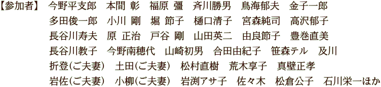 【参加者】　今野平支郎　本間 彰　福原 彊　斉川勝男　鳥海郁夫　金子一郎 　　　　　多田俊一郎　小川 剛　堀 節子　樋口清子　宮森純司　高沢郁子 　　　　　長谷川寿夫　原 正治　戸谷 剛　山田英二　由良節子　豊巻直美 　　　　　長谷川教子　今野南穂代　山崎初男　合田由紀子　笹森テル　及川 　　　　　折登（ご夫妻）　土田（ご夫妻）　松村直樹　荒木享子　真壁正孝 　　　　　岩佐（ご夫妻）　小柳（ご夫妻）　岩渕アサ子　佐々木　松倉公子　石川栄一ほか