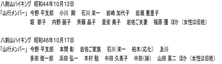 八剣山ハイキング　昭和４４年１０月１２日　 「山行メンバー」　今野 平支郎　　小川  剛　　石川 栄一　　岩崎 加代子　　岩瀬 惠里子 　　　　　　　　　　堀　節子　　内野 麗子　　斉藤 晶子　　是安 典子　　岩佐ご夫妻　　福原 彊　ほか　（女性は旧姓）　　　  八剣山ハイキング　昭和４６年１０月１７日　 「山行メンバー」　今野 平支郎　　本間 彰　　岩佐ご家族　　石川 栄一　　柏木（応化）　　及川 　　　　　　　　　　多田 俊一郎　　浜田 弘一　　木村 勉　　中田 久美子　　中田（妹）　　山田 英二　ほか　（女性は旧姓）　　