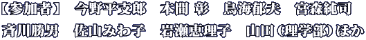 【参加者】　今野平支郎　本間 彰　鳥海郁夫　宮森純司 斉川勝男　佐山みわ子　岩瀬恵理子　山田（理学部）ほか